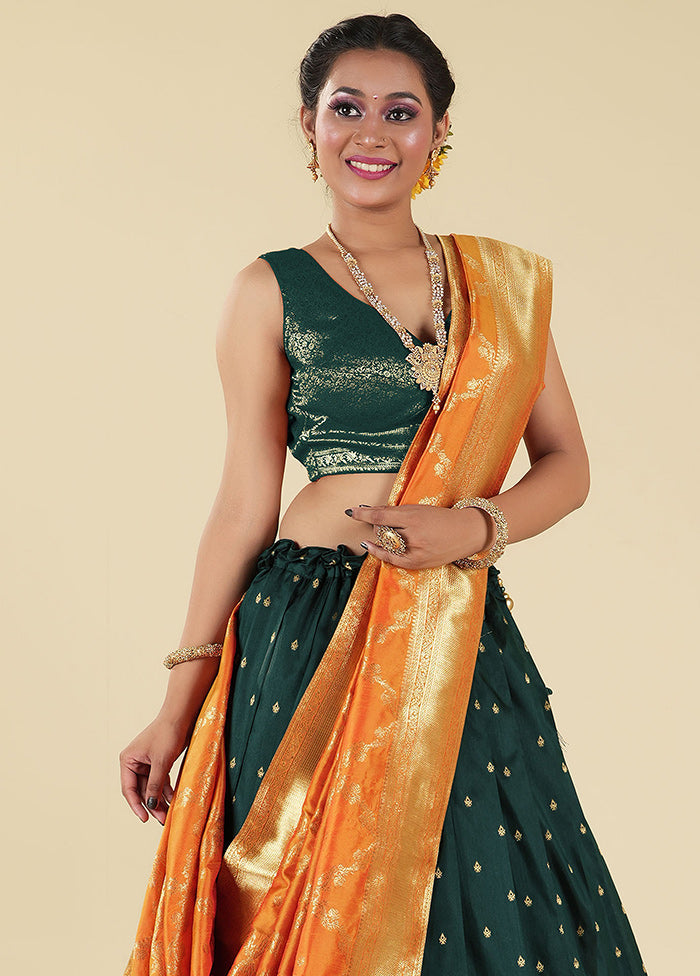 3 Pc Green Silk Semi Stitched Lehenga Set