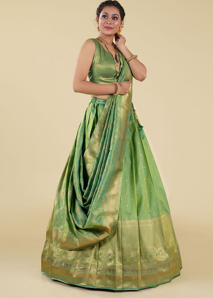 3 Pc Green Silk Semi Stitched Lehenga Set