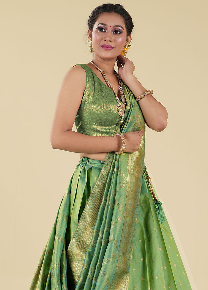 3 Pc Green Silk Semi Stitched Lehenga Set