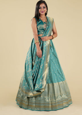 3 Pc Sky Blue Silk Semi Stitched Lehenga Set