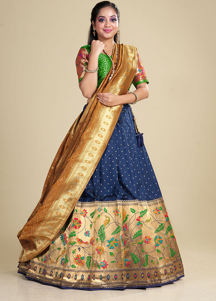 3 Pc Blue Silk Semi Stitched Lehenga Set