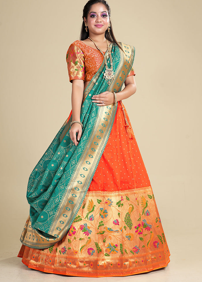 3 Pc Orange Silk Semi Stitched Lehenga Set