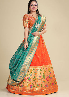 3 Pc Orange Silk Semi Stitched Lehenga Set