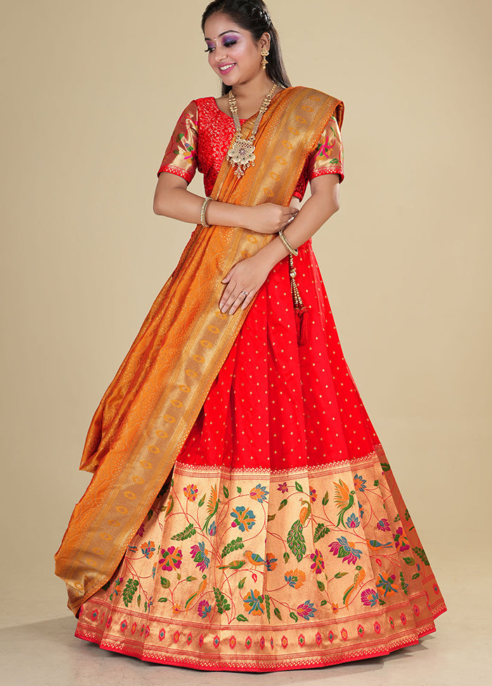 3 Pc Red Silk Semi Stitched Lehenga Set