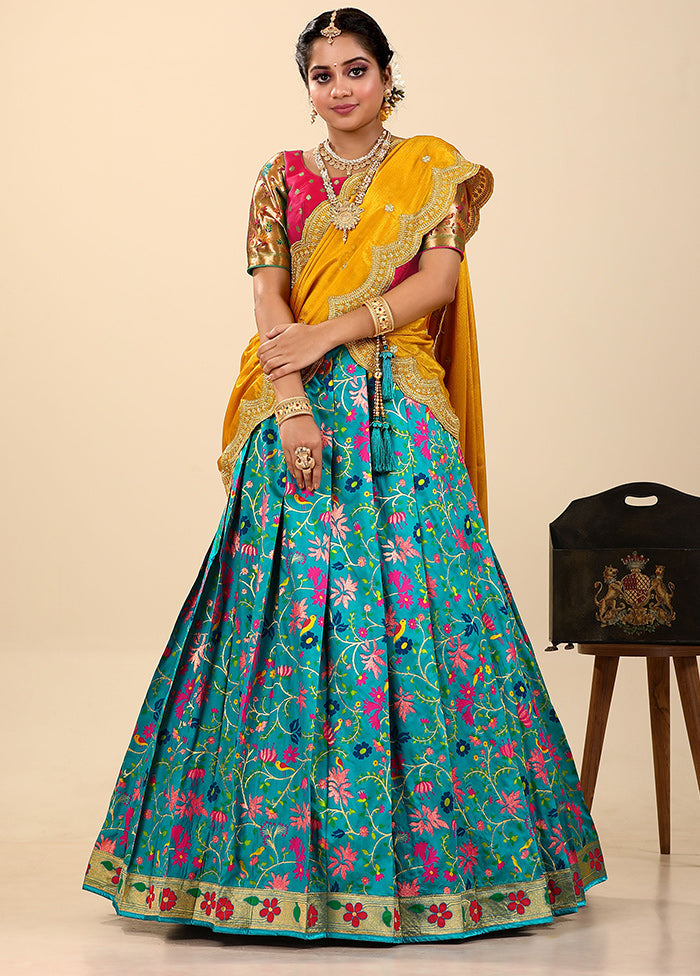 3 Pc Blue Silk Semi Stitched Lehenga Set