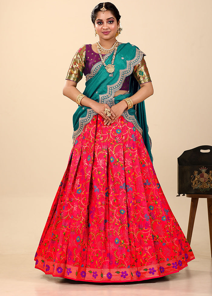 3 Pc Orange Silk Semi Stitched Lehenga Set