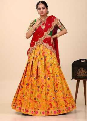 3 Pc Yellow Silk Semi Stitched Lehenga Set