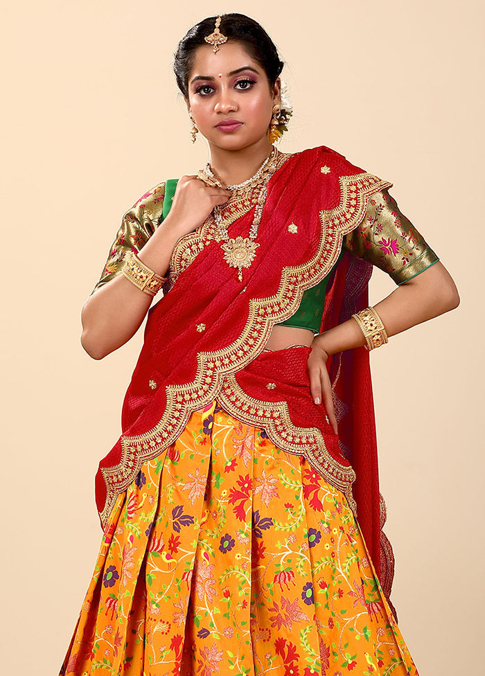 3 Pc Yellow Silk Semi Stitched Lehenga Set