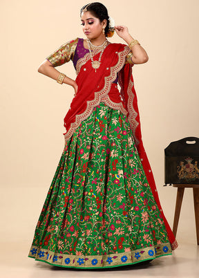 3 Pc Green Silk Semi Stitched Lehenga Set