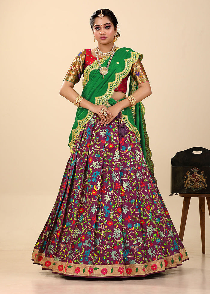 3 Pc Magenta Silk Semi Stitched Lehenga Set