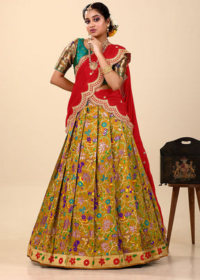 3 Pc Mustard Silk Semi Stitched Lehenga Set