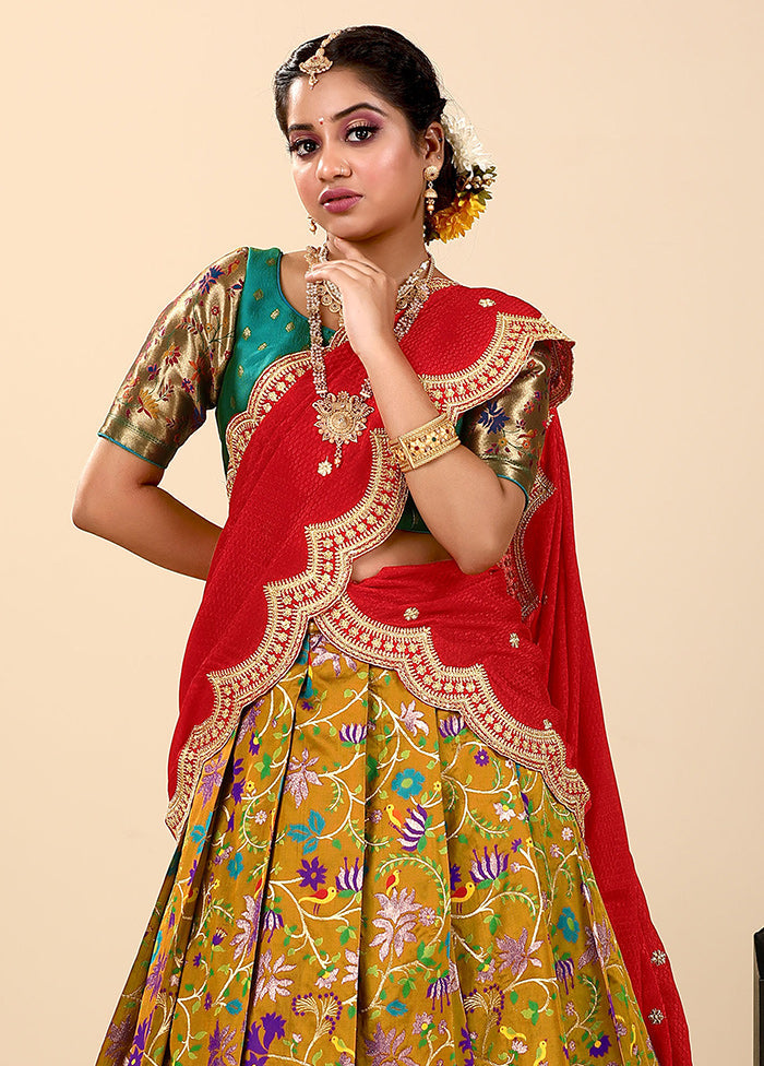 3 Pc Mustard Silk Semi Stitched Lehenga Set