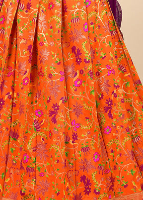 3 Pc Orange Silk Semi Stitched Lehenga Set