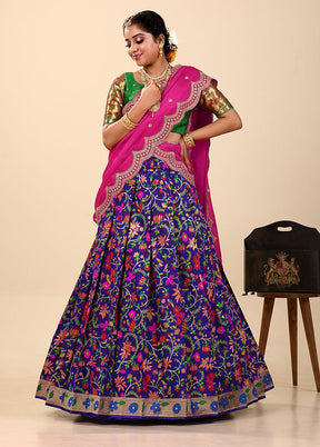 3 Pc Purple Silk Semi Stitched Lehenga Set