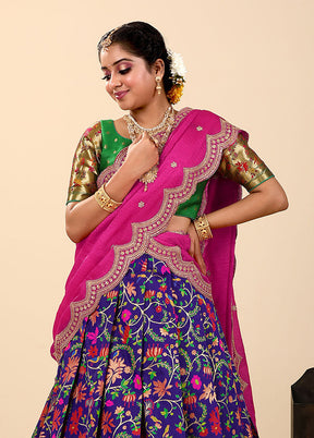 3 Pc Purple Silk Semi Stitched Lehenga Set