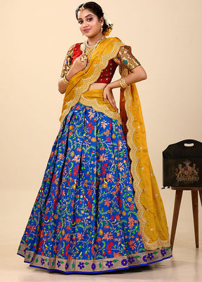 3 Pc Blue Silk Semi Stitched Lehenga Set