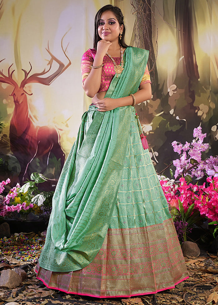 3 Pc Green Silk Semi Stitched Lehenga Set