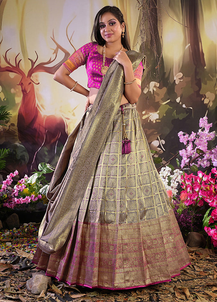 3 Pc Grey Silk Semi Stitched Lehenga Set