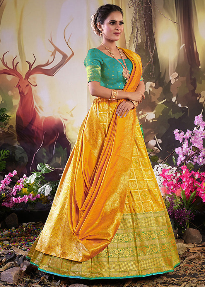 3 Pc Yellow Silk Semi Stitched Lehenga Set