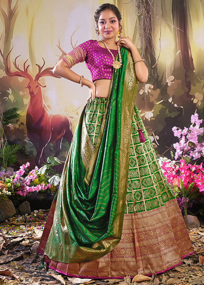 3 Pc Green Silk Semi Stitched Lehenga Set