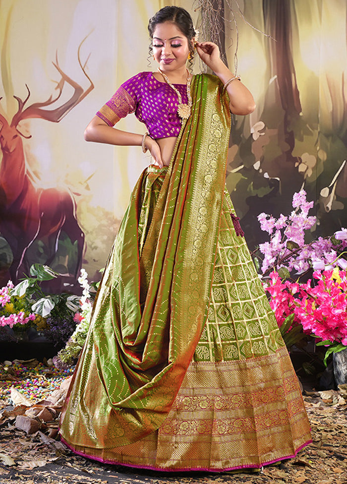 3 Pc Light Green Silk Semi Stitched Lehenga Set