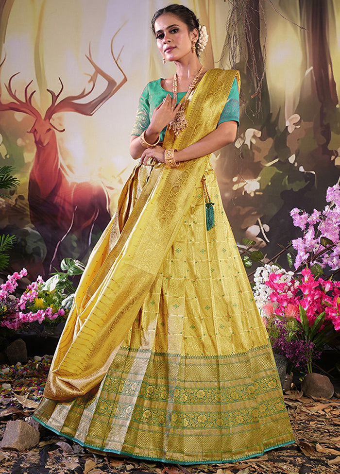 3 Pc Light Yellow Silk Semi Stitched Lehenga Set