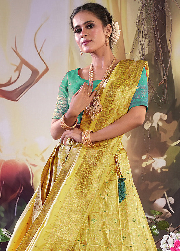 3 Pc Light Yellow Silk Semi Stitched Lehenga Set