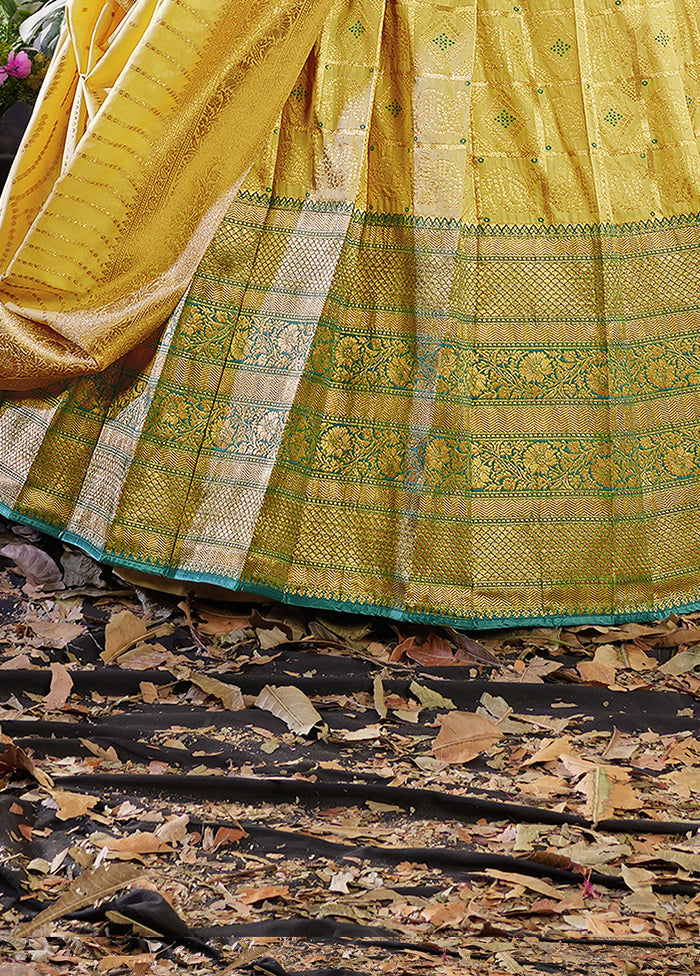 3 Pc Light Yellow Silk Semi Stitched Lehenga Set