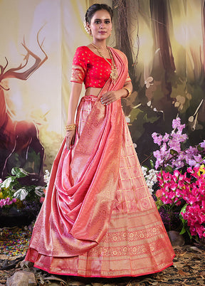 3 Pc Peach Silk Semi Stitched Lehenga Set