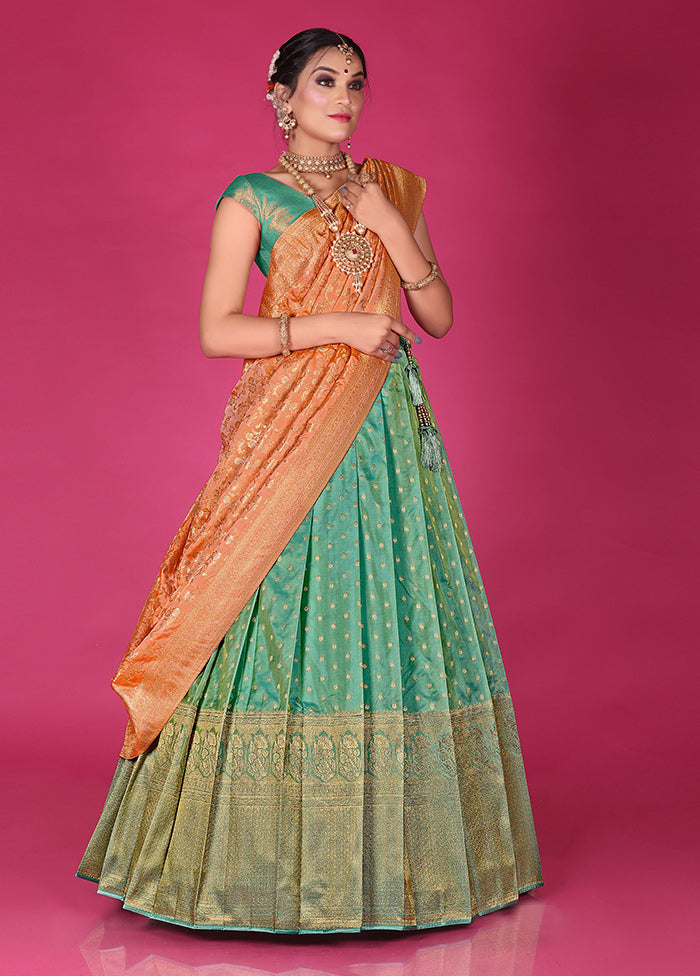 3 Pc Green Silk Semi Stitched Lehenga Set