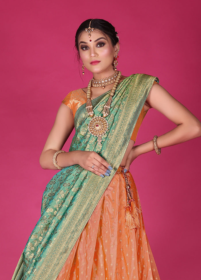 3 Pc Orange Silk Semi Stitched Lehenga Set