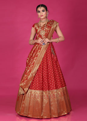 3 Pc Red Silk Semi Stitched Lehenga Set