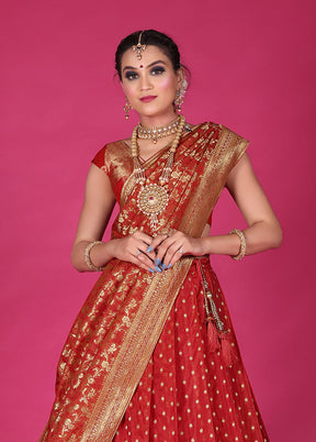 3 Pc Red Silk Semi Stitched Lehenga Set