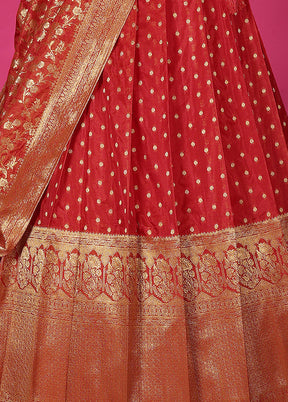 3 Pc Red Silk Semi Stitched Lehenga Set