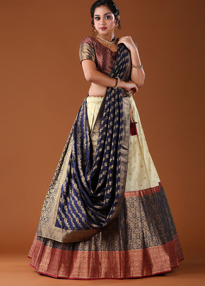 3 Pc Blue Silk Semi Stitched Lehenga Set