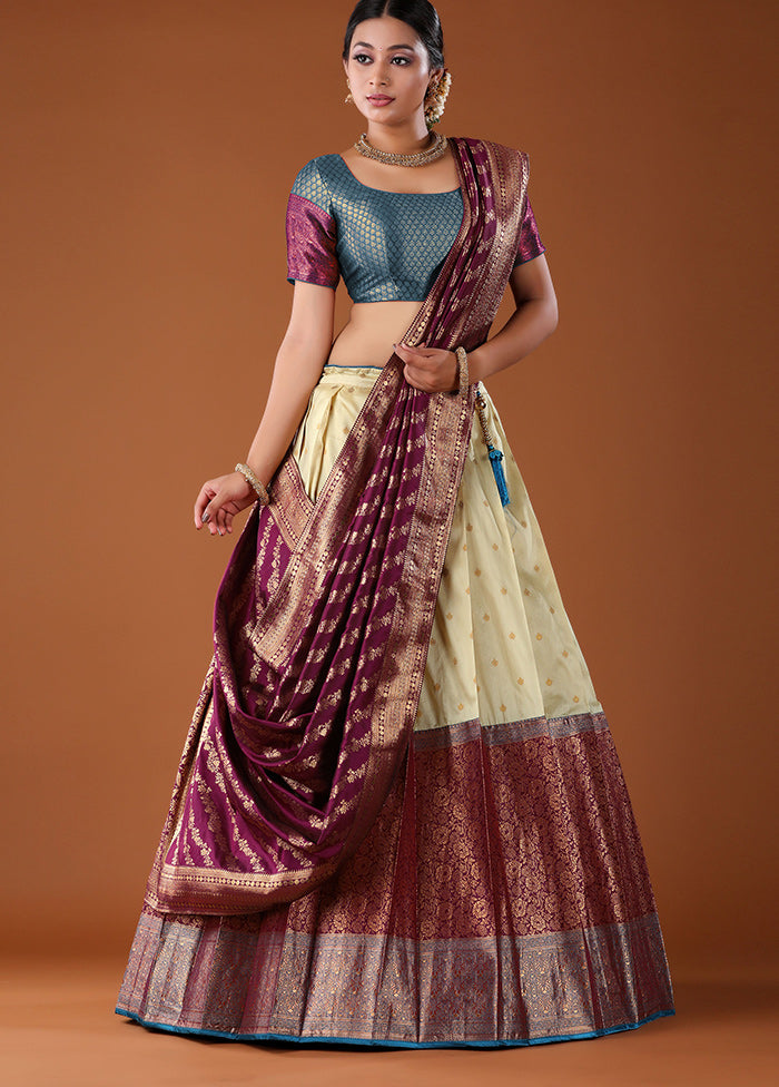 3 Pc Blue Silk Semi Stitched Lehenga Set