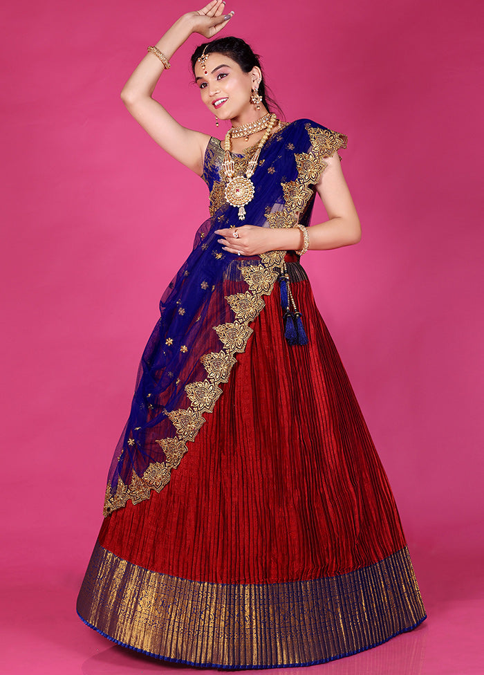 3 Pc Maroon Silk Semi Stitched Lehenga Set