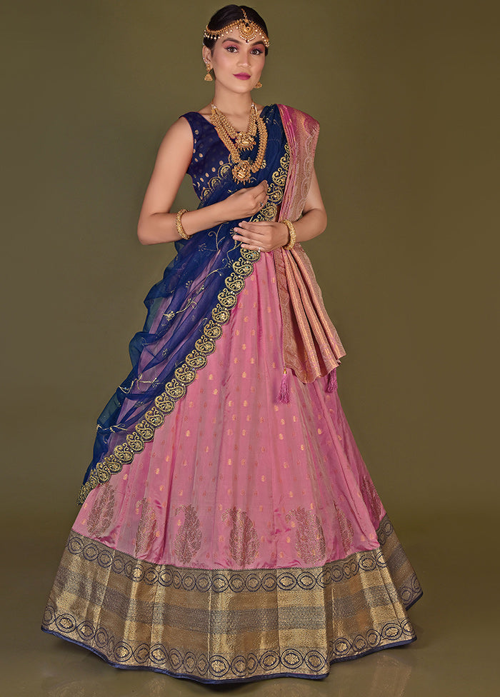 3 Pc Pink Silk Semi Stitched Lehenga Set