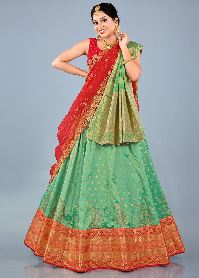 3 Pc Light Green Silk Semi Stitched Lehenga Set