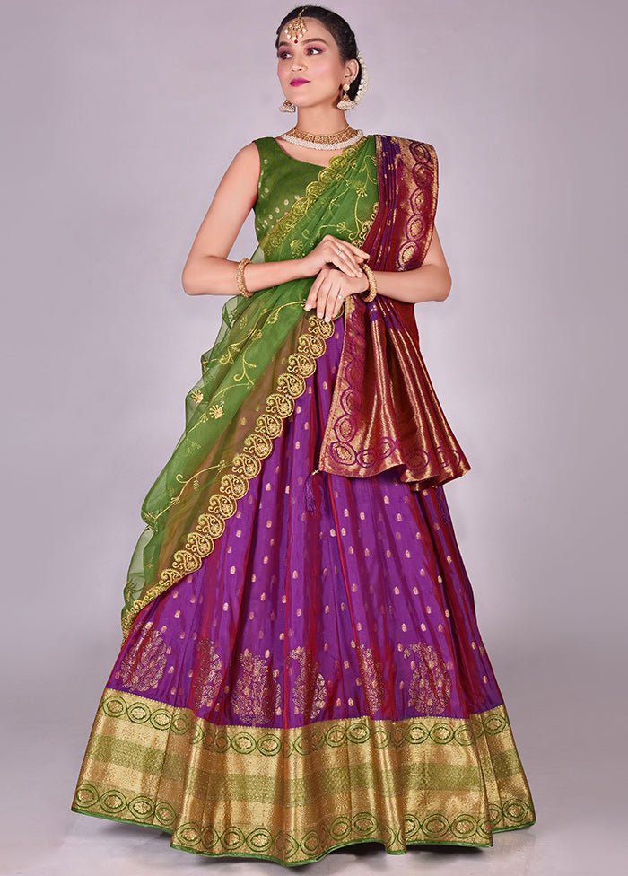 3 Pc Purple Silk Semi Stitched Lehenga Set