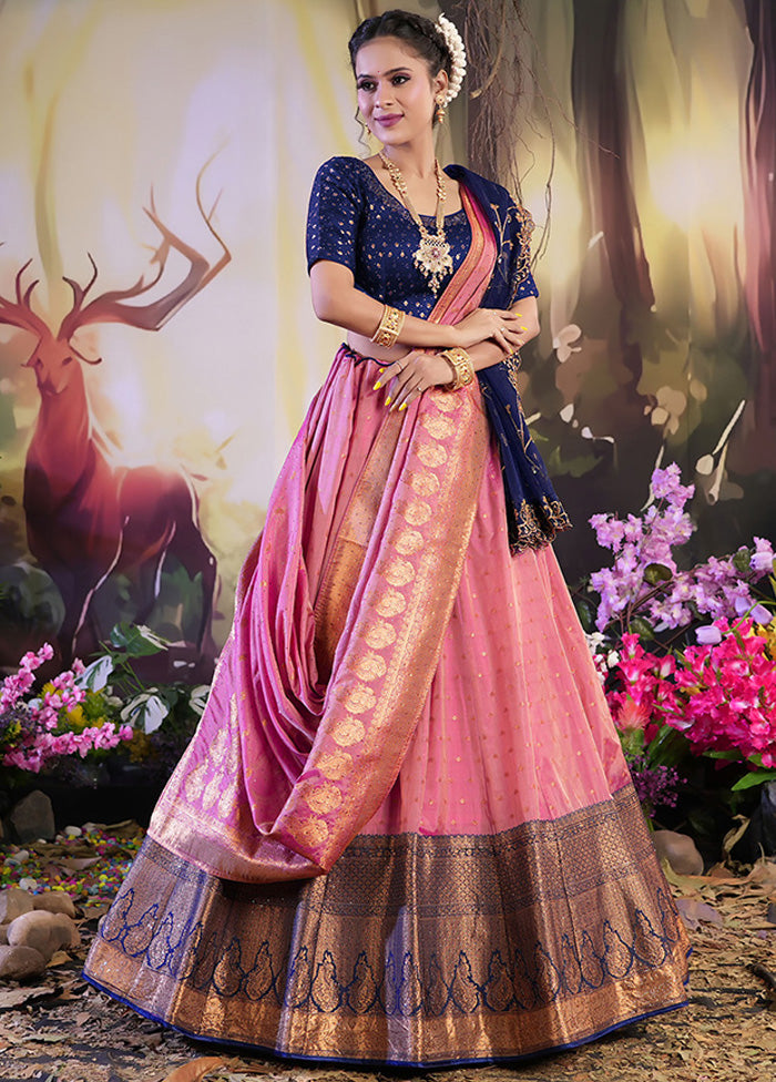 3 Pc Pink Silk Semi Stitched Lehenga Set