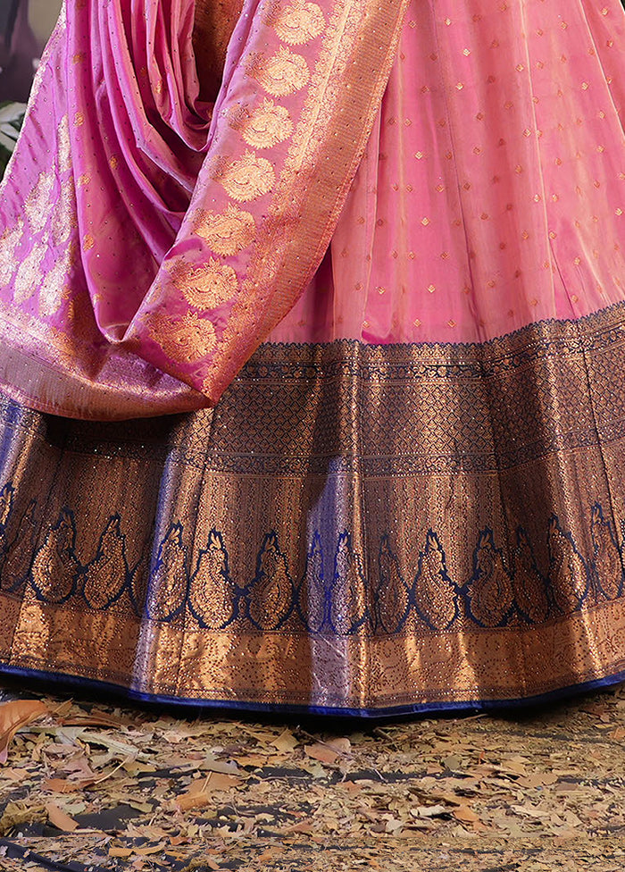 3 Pc Pink Silk Semi Stitched Lehenga Set