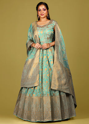 2 pc Sea Green Readymade Silk Gown Set