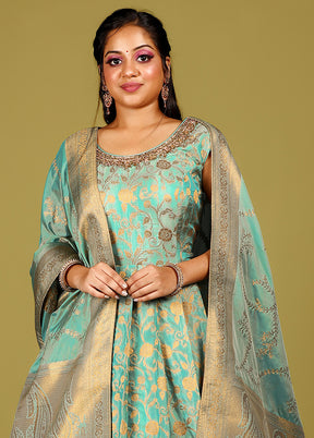 2 pc Sea Green Readymade Silk Gown Set