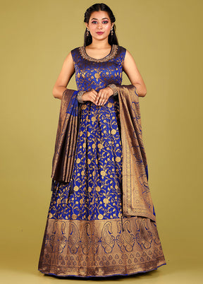 2 pc Blue Readymade Silk Gown Set