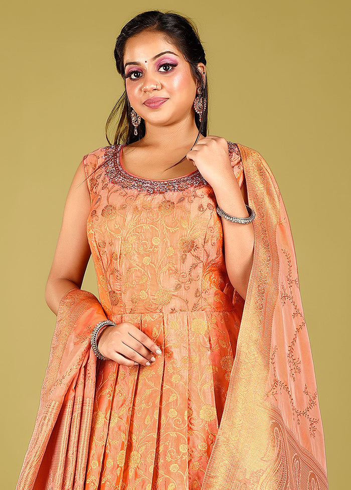 2 pc Orange Readymade Silk Gown Set