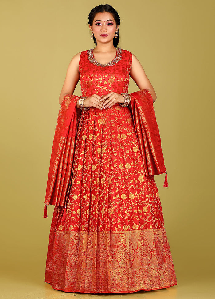 2 pc Red Readymade Silk Gown Set