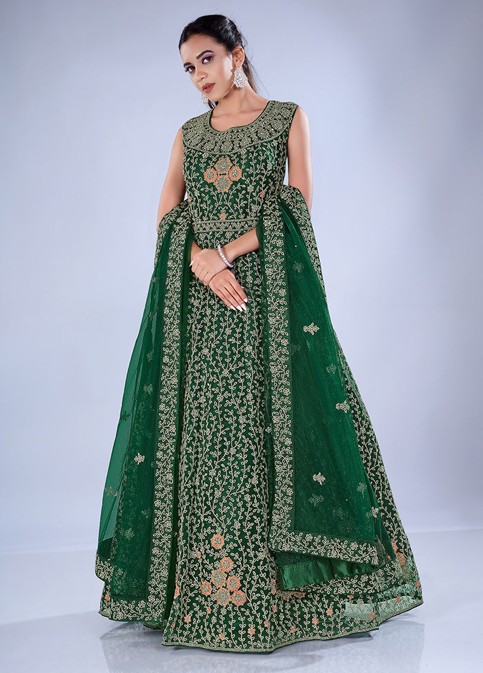 2 Pc Green Readymade Net Gown