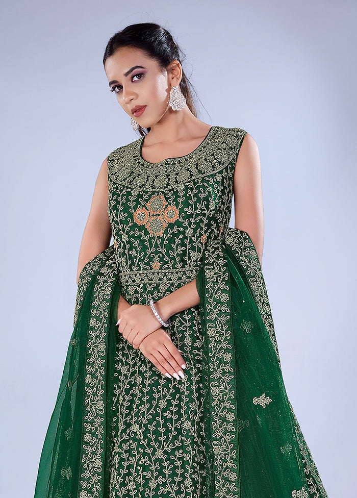 2 Pc Green Readymade Net Gown