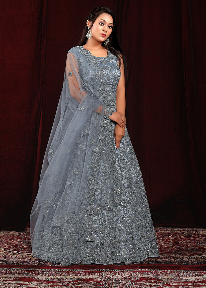 2 Pc Grey Readymade Net Gown